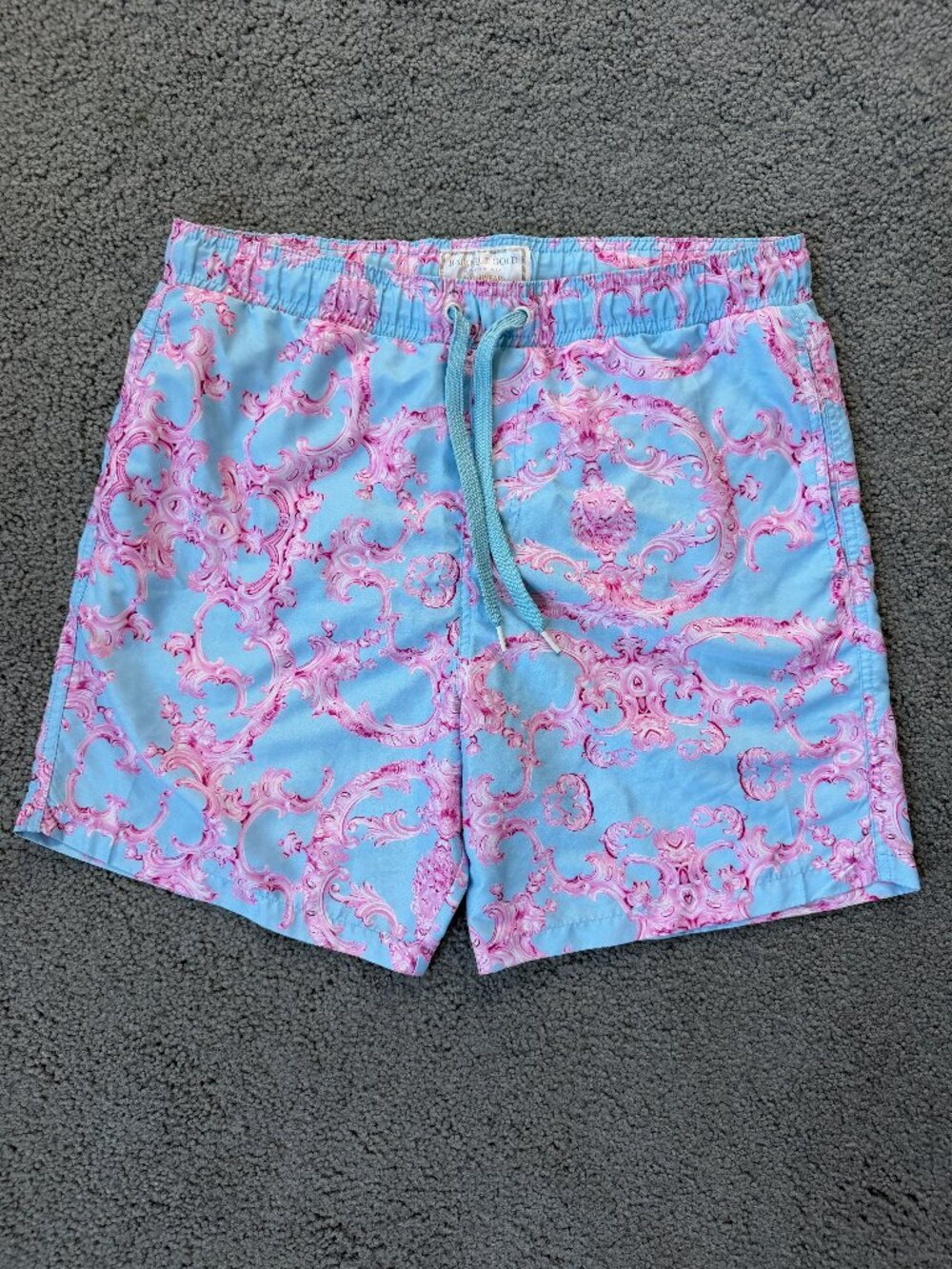 Baroque Gold by Drill Clothing Co. Blue Pink Baroque Swim Trunks Men's Large EUC